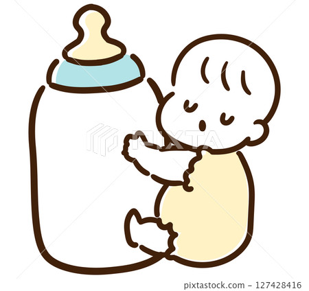 一個可愛的嬰兒抱著奶瓶睡覺的變形插圖 127428416