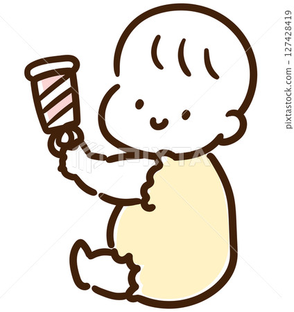 A cute baby sitting and playing with a rattle 127428419