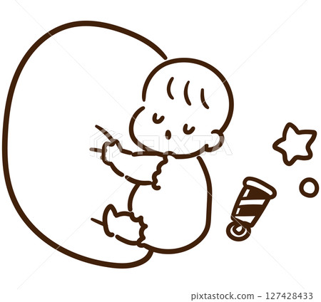 A deformed monochrome illustration of a cute baby hugging a cushion and sleeping 127428433