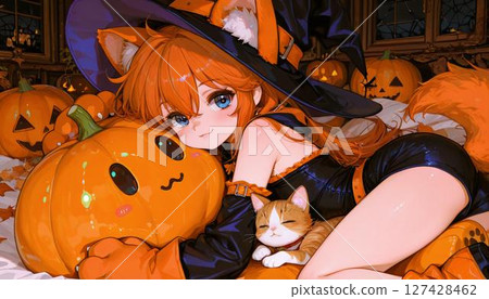 Adorable Anime Cat Girl Cuddling Pumpkin and Kitten 127428462