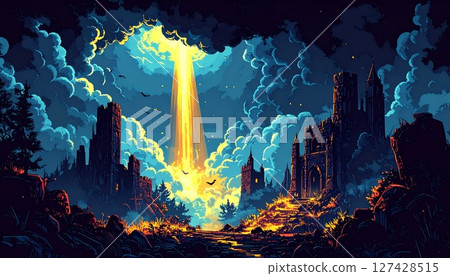 Retro Game Style Natural Pixel Art Background (Sky of Demise and Rebirth) Generative AI 127428515