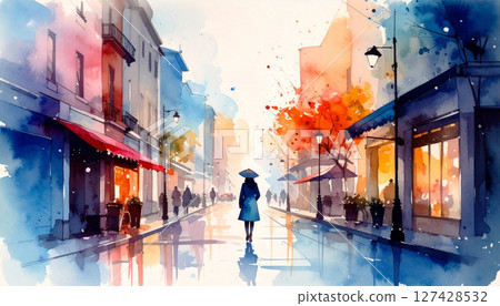 Modern city scene in watercolor style showing a peaceful urban street with tall glass buildings, warm light reflections, and silhouettes of walking people. A minimal yet vibrant cityscape illustration Modern city scene in watercolor style showing a peaceful urban street with tall glass buildings, warm light reflections, and silhouettes of walking people. A minimal yet vibrant cityscape illustration 127428532