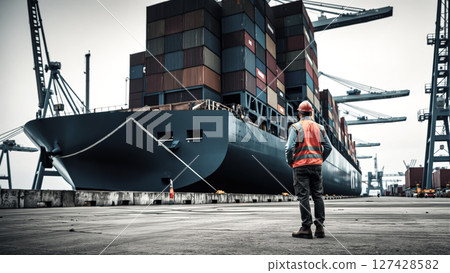 A man worker operates at a container cargo harbor, managing the loading of shipping containers. The concept of global trade, logistics, and industrial labor. Generative AI. 127428582
