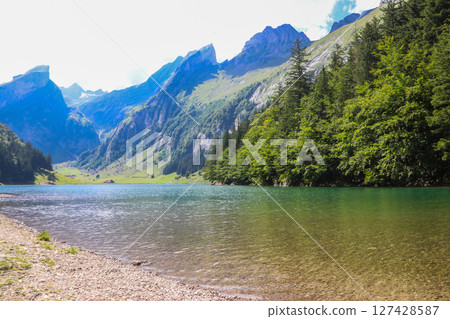 View of Lake Seealpsee near Appenzell in the Alpstein mountain range, Ebenalp, Switzerland 127428587