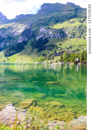 View of Lake Seealpsee near Appenzell in the Alpstein mountain range, Ebenalp, Switzerland 127428588