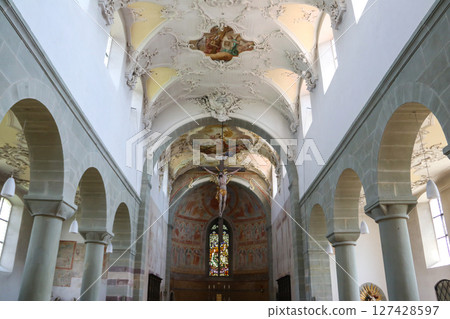 Internal view of Basilica of Sts. Peter and Paul on Island of Reichenau, Lake Constance, Baden-Wuerttemberg, Germany Internal view of Basilica of Sts. Peter and Paul on Island of Reichenau, Lake Constance, Baden-Wuerttemberg, Germany 127428597