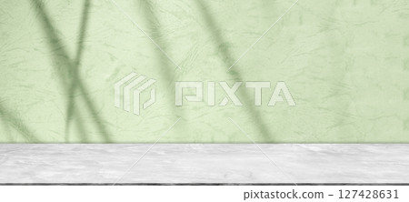 Green Bg Kitchen Background Floor Backdrop Empty Counter Podium Environment Shadow Leaves Plant Minimal Desk Studio Room Wall Pattern Abstract 3d Summer spring Table Space Marble Mockup Presentation. 127428631