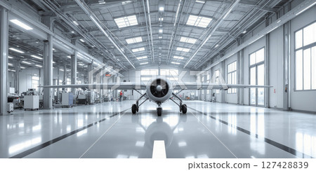Urban air mobility manufacturing plant, featuring automated assembly systems, clean design, and bright lighting for electric vertical takeoff and landing 127428839