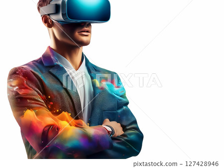 Man enjoying virtual reality with a head-mounted display 127428946