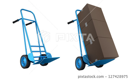 Set of Airport luggage cart or baggage trolley side with cardboard boxes or cartons 127428975