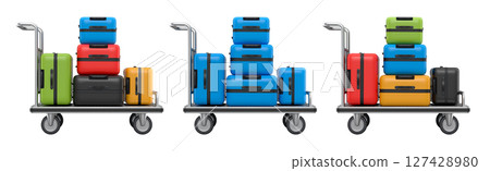 Set of Regular suitcase on hotel trolley cart for carrying baggage on white background Set of Regular suitcase on hotel trolley cart for carrying baggage on white background 127428980