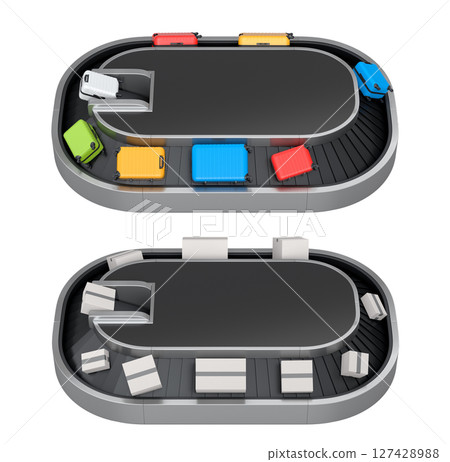 Set of Airport luggage conveyor belt or baggage claim area with suitcases on white. 127428988