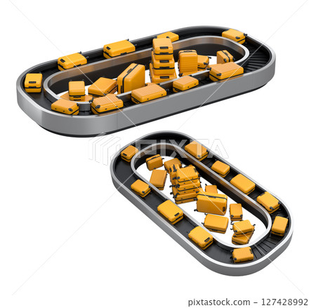 Set of Airport luggage conveyor belt or baggage claim area with suitcases on white. 127428992