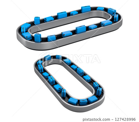 Set of Airport luggage conveyor belt or baggage claim area with suitcases on white. Set of Airport luggage conveyor belt or baggage claim area with suitcases on white. 127428996