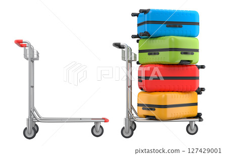 Set of Regular suitcase on hotel trolley cart for carrying baggage on white background Set of Regular suitcase on hotel trolley cart for carrying baggage on white background 127429001
