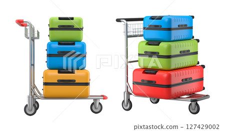 Set of Regular suitcase on hotel trolley cart for carrying baggage on white background Set of Regular suitcase on hotel trolley cart for carrying baggage on white background 127429002