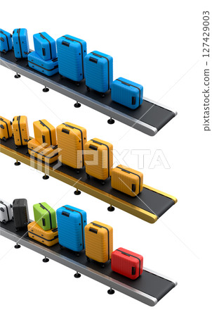 Set of Airport luggage conveyor belt or manufacture line with baggage on white. 127429003
