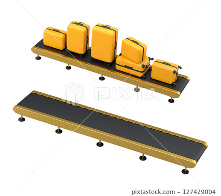 Set of Airport luggage conveyor belt or manufacture line with baggage on white. 127429004