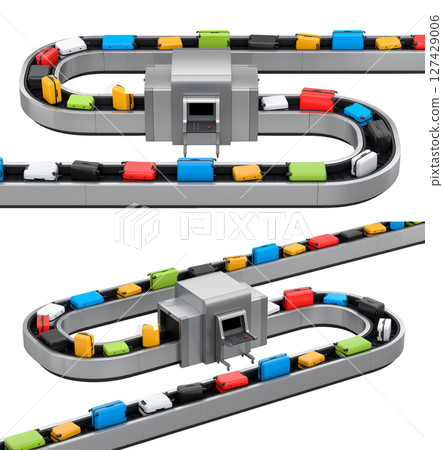 Set of Airport luggage conveyor belt or baggage claim area with suitcases on white. 127429006