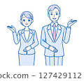 穿著西裝的男士和女士上半身插畫，展示如何指示方向 127429112