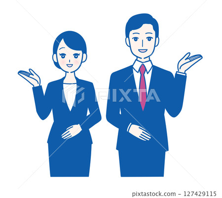 穿著西裝的男士和女士上半身插畫，展示如何指示方向 127429115