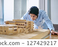 A man looking at an architectural model, analyzing the building conditions and budget, and making plans 127429217