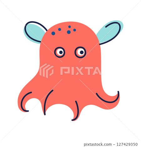 Vector illustration of cute dumbo octopus in kids doodle cartoon style. Deep sea Grimpoteuthis animal icon. Marine creature for childrens designs, ocean themes, educational projects, colored clipart 127429350