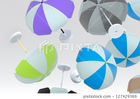 Many of flying striped beach umbrella for lounge zone on seashore on white Many of flying striped beach umbrella for lounge zone on seashore on white 127429369