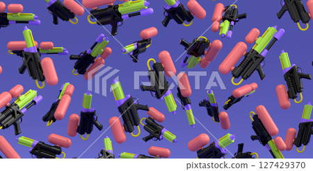 Many of flying plastic water gun toy for playing in the swimming pool on violet 127429370