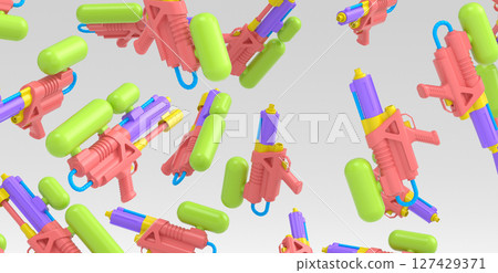 Many of flying plastic water gun toy for playing in the swimming pool on white 127429371