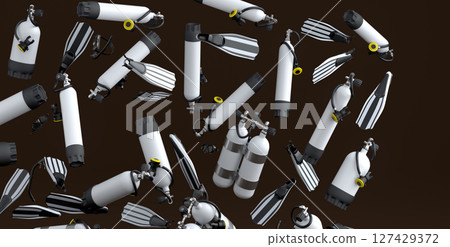 Many of flying scuba stuff like oxygen tank, flip flops and scuba mask on black Many of flying scuba stuff like oxygen tank, flip flops and scuba mask on black 127429372