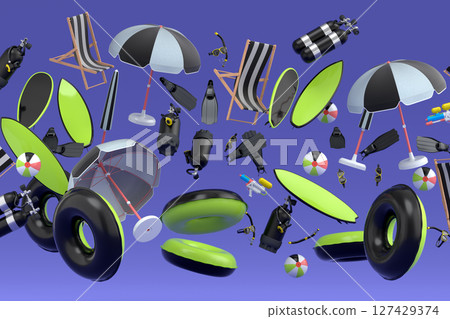 Many of flying suitcase or baggage with beach accessories on violet background. Many of flying suitcase or baggage with beach accessories on violet background. 127429374