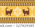 Thai Pixel Art Cats Pattern with Traditional Ornament 127429385