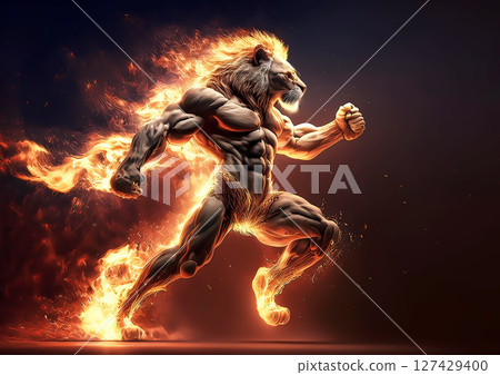 野生獅子在燃燒的火焰中展示肌肉的 3D 插圖 野生獅子在燃燒的火焰中展示肌肉的 3D 插圖 127429400
