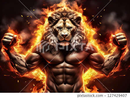 野生獅子在燃燒的火焰中展示肌肉的 3D 插圖 野生獅子在燃燒的火焰中展示肌肉的 3D 插圖 127429407