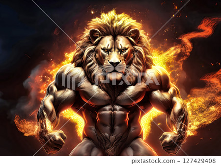 野生獅子在燃燒的火焰中展示肌肉的 3D 插圖 野生獅子在燃燒的火焰中展示肌肉的 3D 插圖 127429408