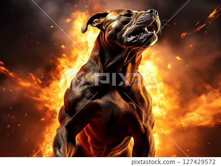 3d illustration of a muscular dog with burning flames 127429572