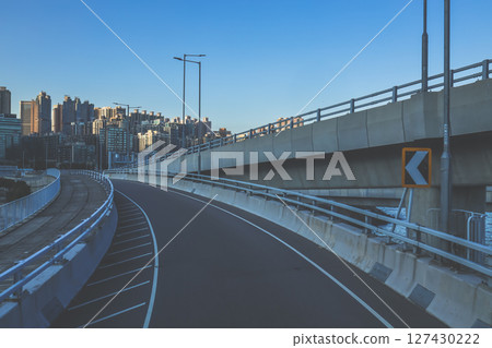 June 7 2025 Empty Elevated Road With Clear Blue Sky in Urban Setting 127430222