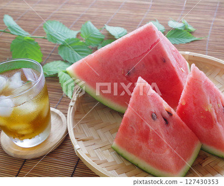 Watermelon, cut fruit, barley tea, summer image 127430353