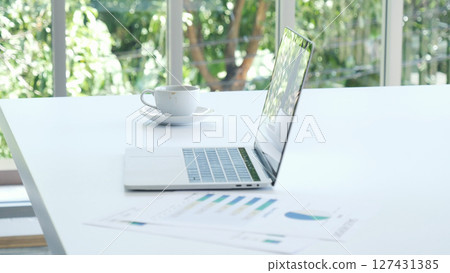 Meeting room Office laptop business financial document chart , graph on wooden table with coffee cup. Flat lay notebook computer laptop on office desk. No people business graph chart on meeting table 127431385