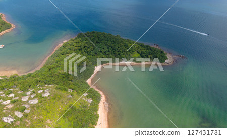 Tropical Island Coastline with Lush Forest and Turquoise Waters 127431781