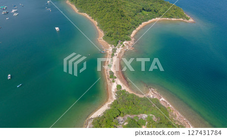 Tropical Island Coastline with Lush Forest and Turquoise Waters Tropical Island Coastline with Lush Forest and Turquoise Waters 127431784