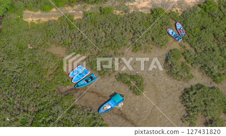 View of Fishing Boats Resting in Lush Green Mangrove Forest View of Fishing Boats Resting in Lush Green Mangrove Forest 127431820