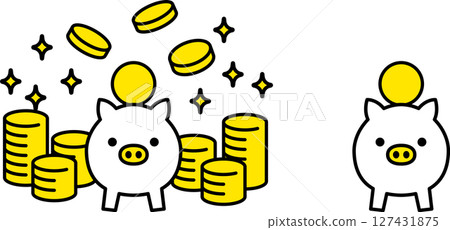 Simple icon illustration of a piggy bank and a large amount of coins, vector material, white, front view Simple icon illustration of a piggy bank and a large amount of coins, vector material, white, front view 127431875