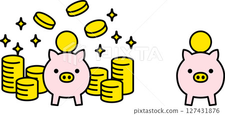 豬存錢筒和大量硬幣簡單圖示插畫向量素材正面 127431876