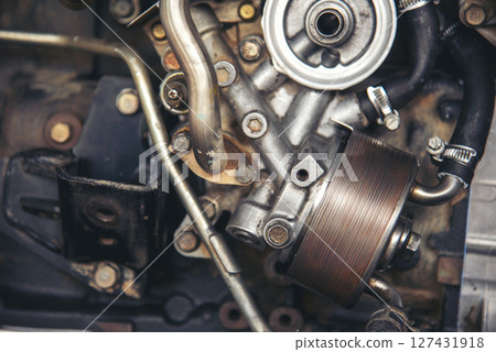 Mechanic tools engineering equipment car auto repair shop with copy space. Blurred background mechanical service. Heavy screw grungy rusted wrenches dirty screwdriver object. Industrial hardware set 127431918