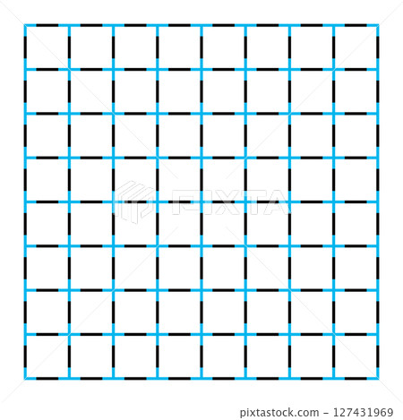 Grid with optical illusion of neon color spreading. Fluid borders between edges of a colored object and background in presence of dark lines. Blue circles appear, especially when viewed from distance. 127431969