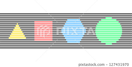 Geometric shapes and the optical illusion of neon color spreading. Transparency effect, characterized by fluid borders between edges of colored objects and the background in presence of black lines. 127431970