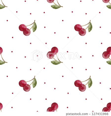 Pattern watercolor illustration of cherry berries green leaves dots red hand drawn. Seamless print in retro style on isolated background for design textiles, fabrics, packaging, clothes, postcard 127431998