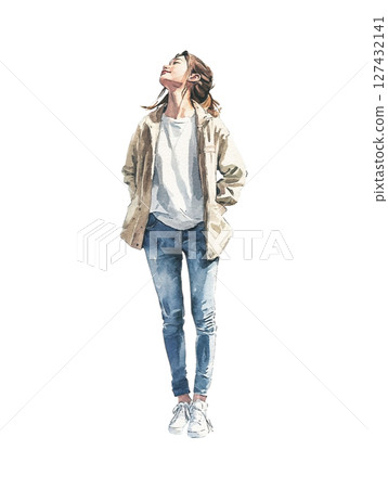 [全身站立圖]身穿米白色夾克和牛仔褲的女性插圖 127432141
